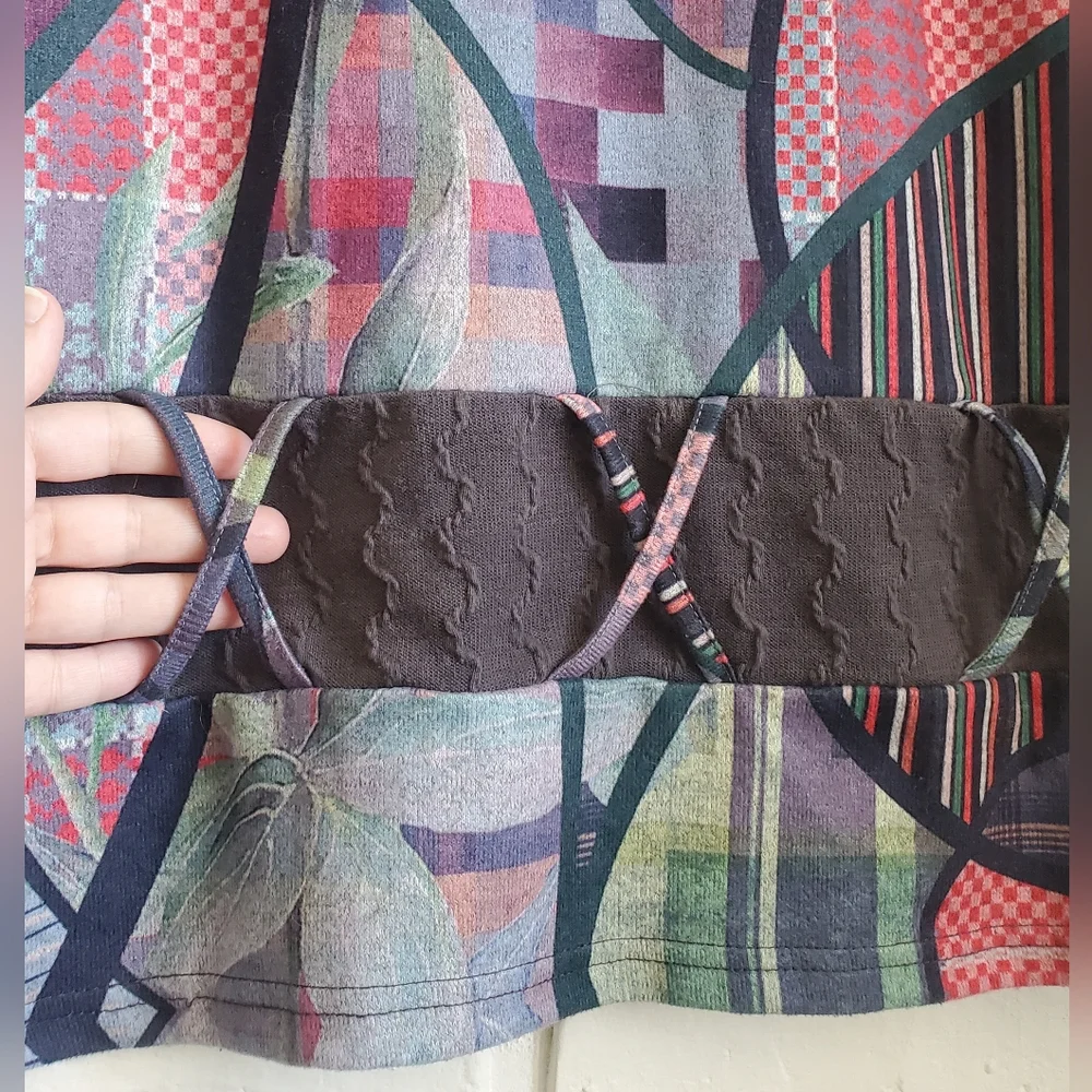 Smash! Abstract Patchwork Midi Cowl Neck Sweater Dress Short Sleeves Boho Hippie - Picture 6 of 16